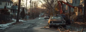 a tow truck effortlessly removes a rusted, abandoned car from a neighborhood street for easy junk car removal.